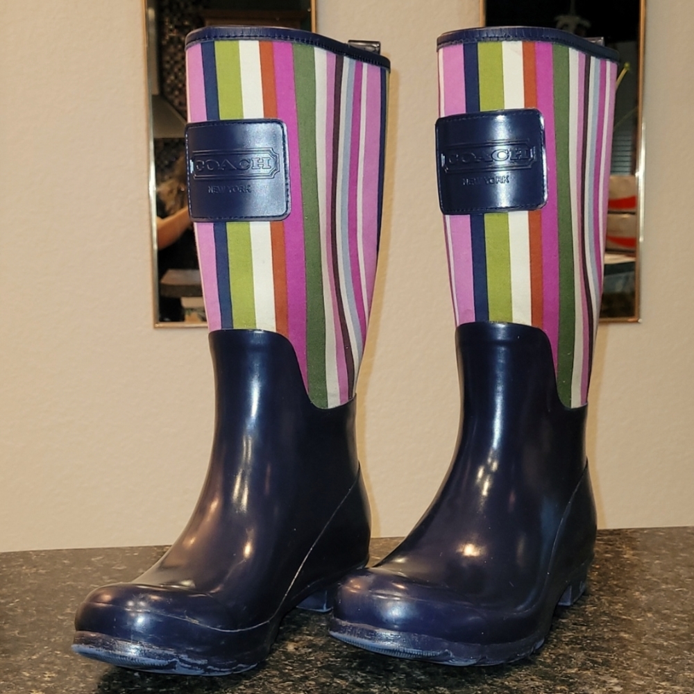 Coach Multi-Color Striped Legacy Tall Rain Boots Sz 7B